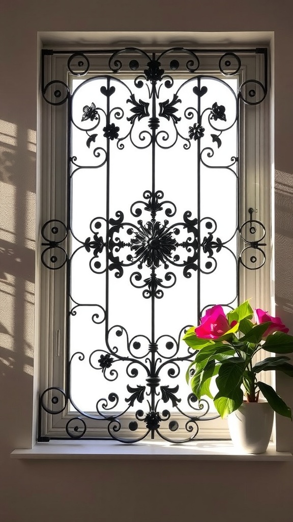 Stylish 5 Feet Window Grill Design Ideas Stylish wrought iron window grill with floral designs on a bright window.